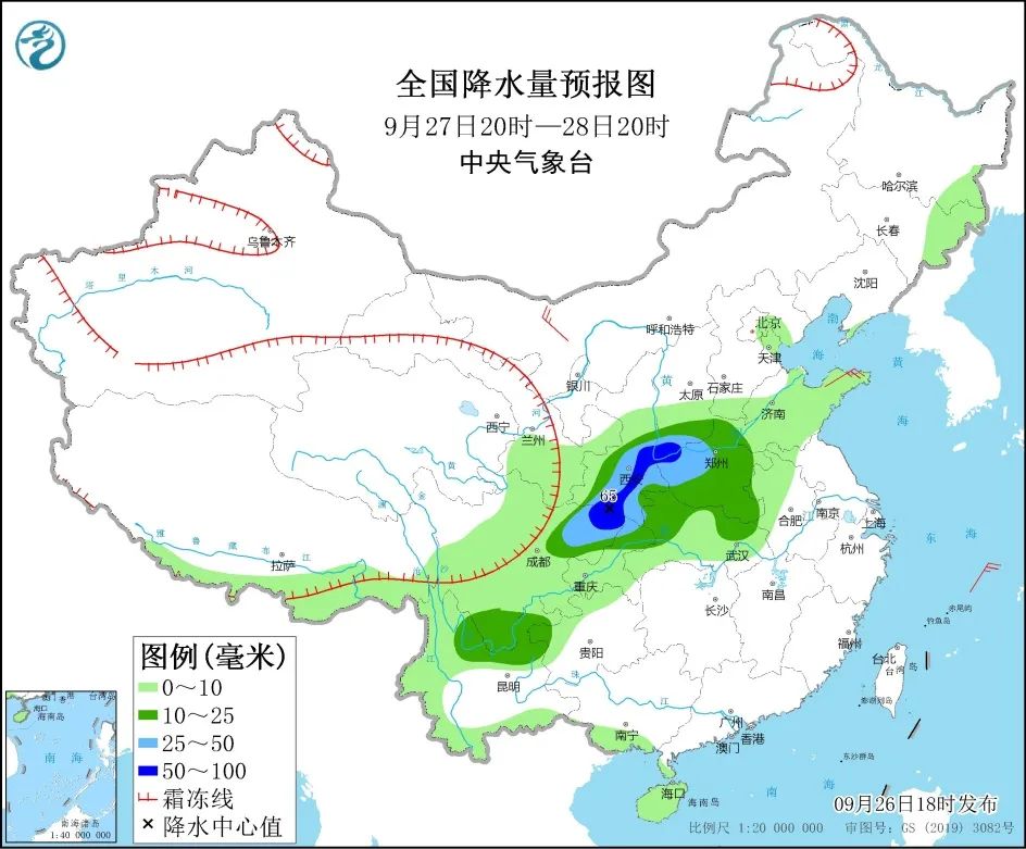 图2 全国降水量预报图（9月27日20时-28日20时）