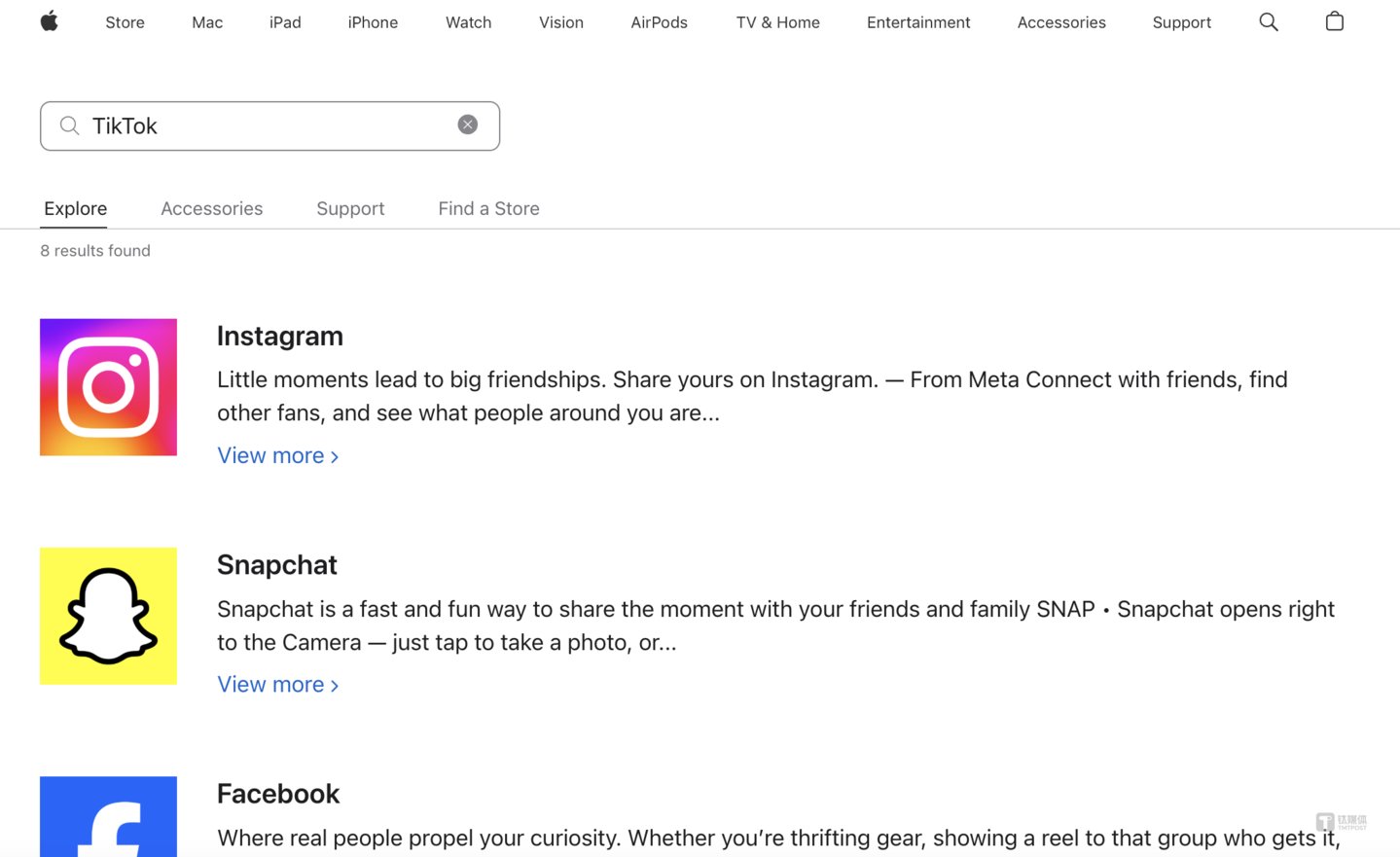 在美区App Store搜索TikTok结果显示页面