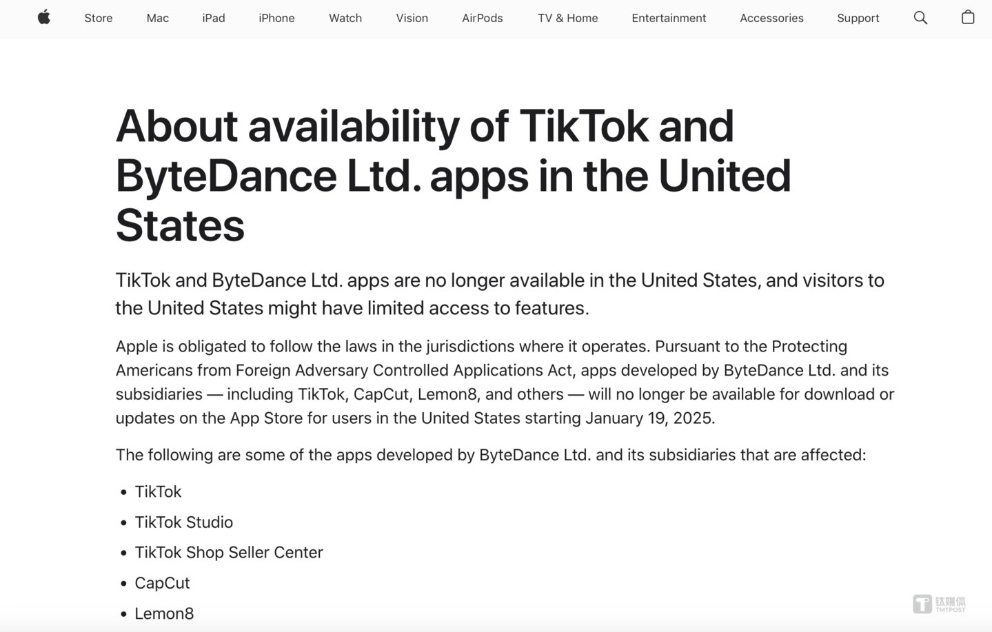 苹果宣布在美国下架并停止更新字节跳动开发的产品