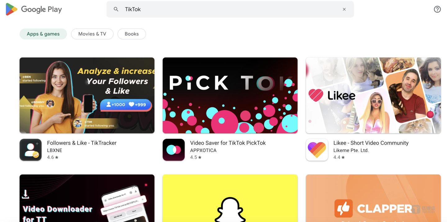 在美区Google Play搜索TikTok显示页面