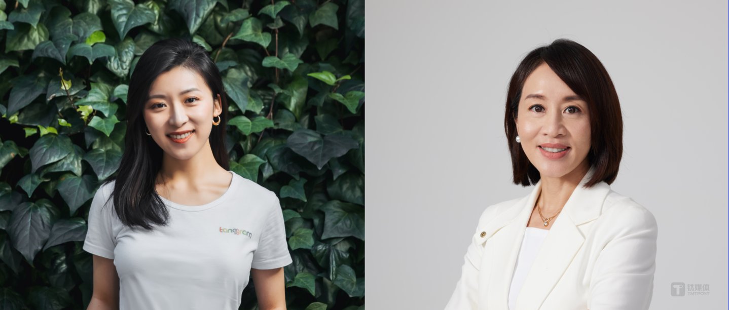 (左侧是七巧板轻理财联合创始人谢文轩,右侧是阿里巴巴创业者基金总裁周骆美琪)